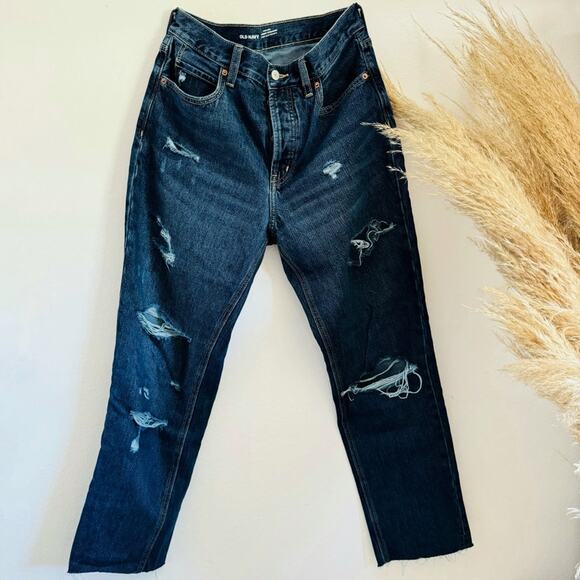 OLD NAVY Dark Blue Wash High Rise Slouchy Straight Leg Denim Distressed Jeans 8 - Picture 3 of 14